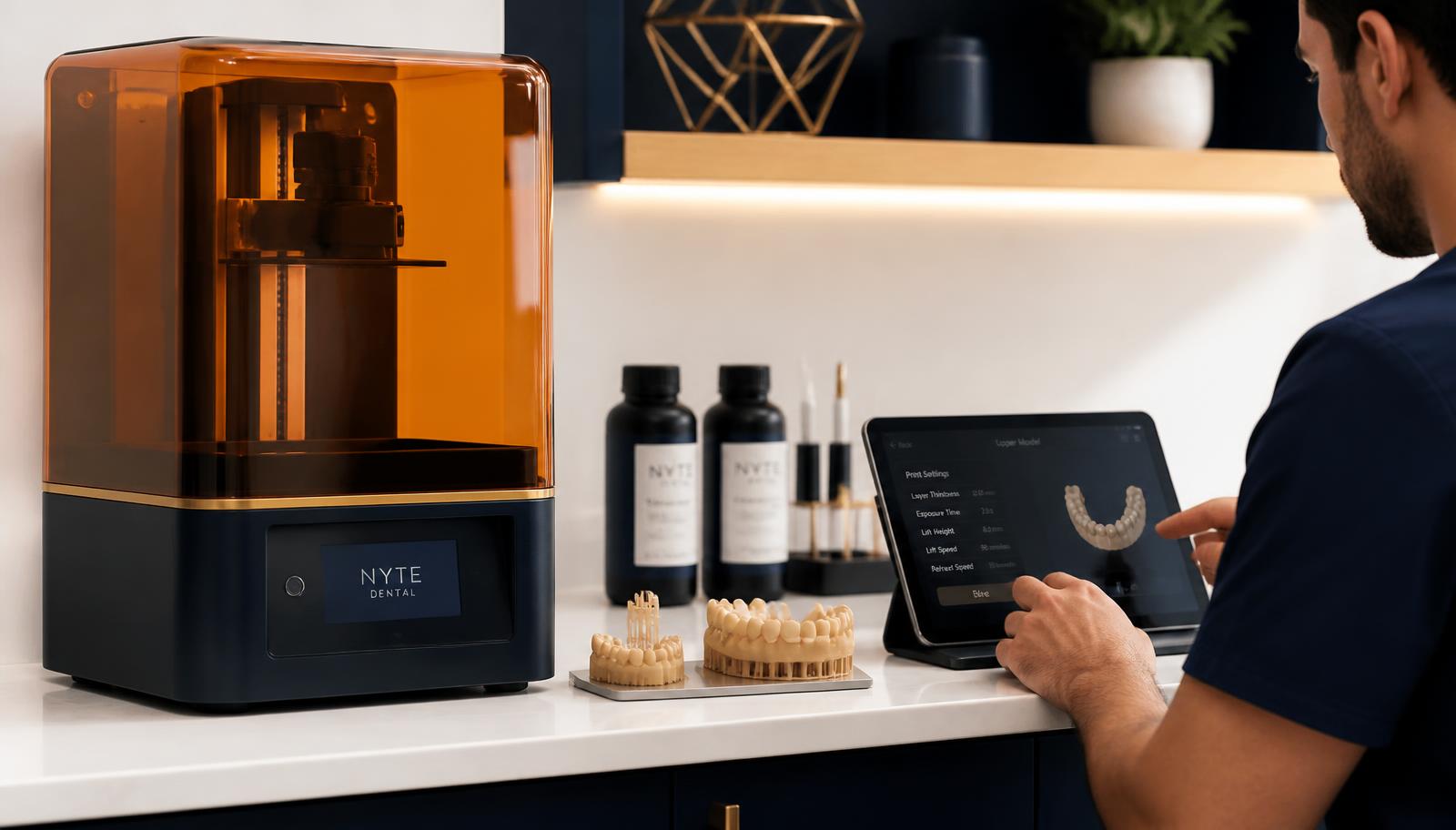 A dental 3D printer and workbench during a digital workflow course