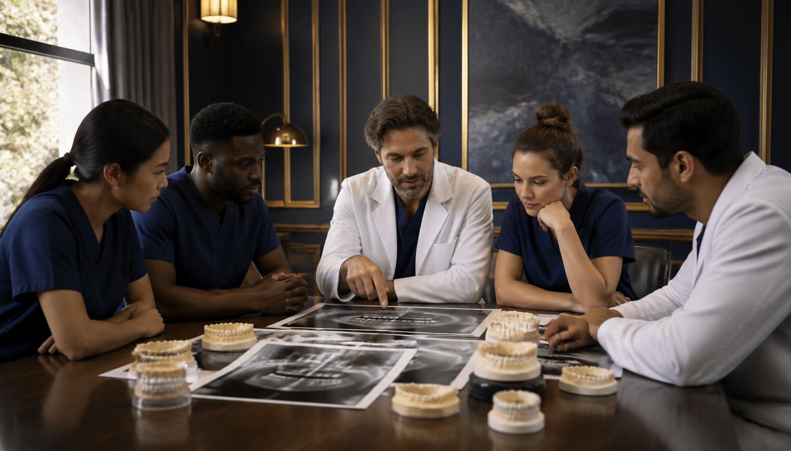 Clinicians reviewing a full-mouth treatment plan around a table