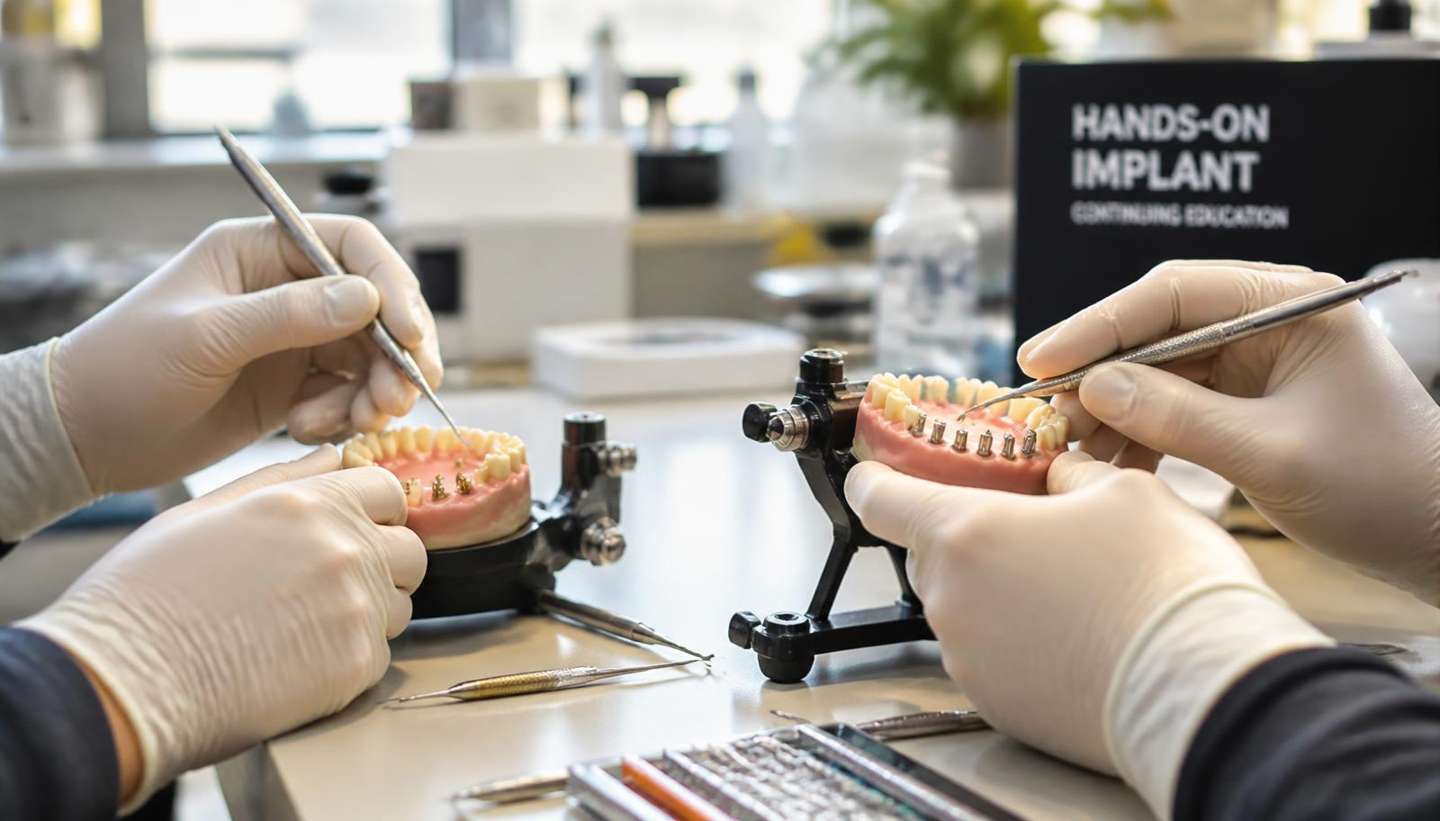 Dentists working on implant models at a bench during a hands-on course