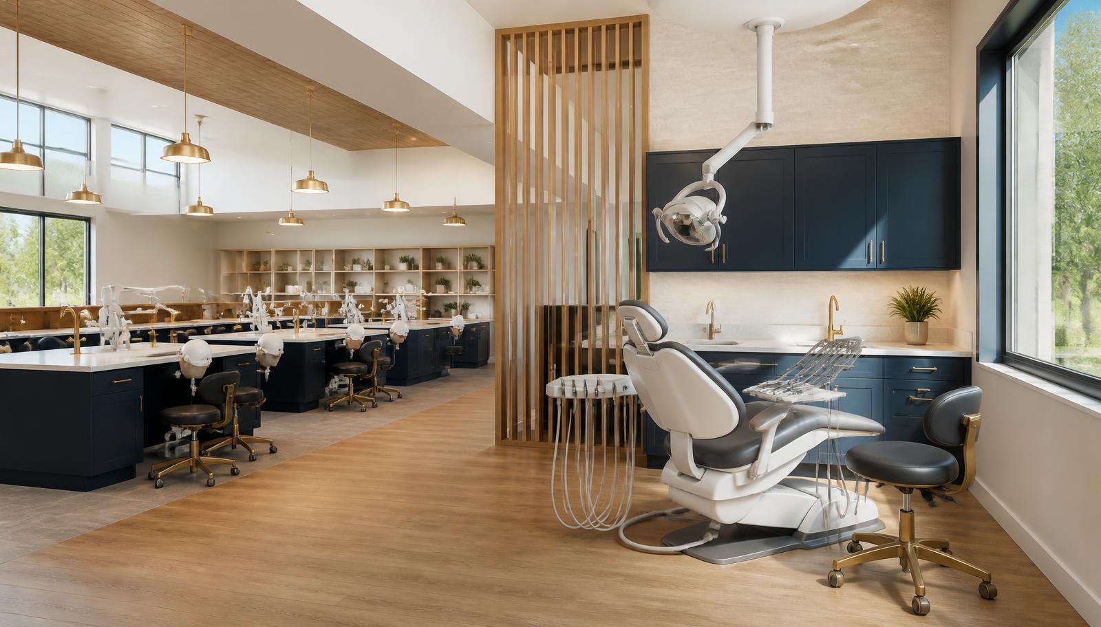 Interior of a modern dental training facility with training benches and an operatory bay