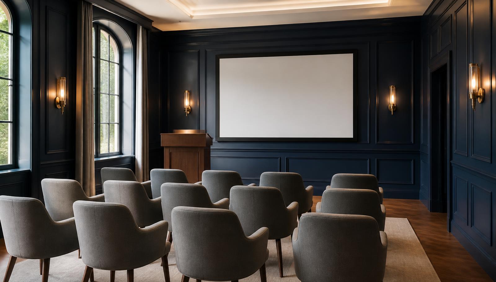 A small navy and brass lecture room set up for a seminar