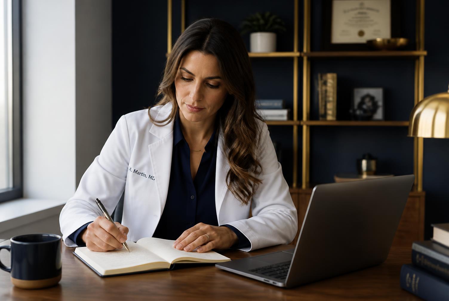 A clinician taking handwritten notes at a desk beside a laptop