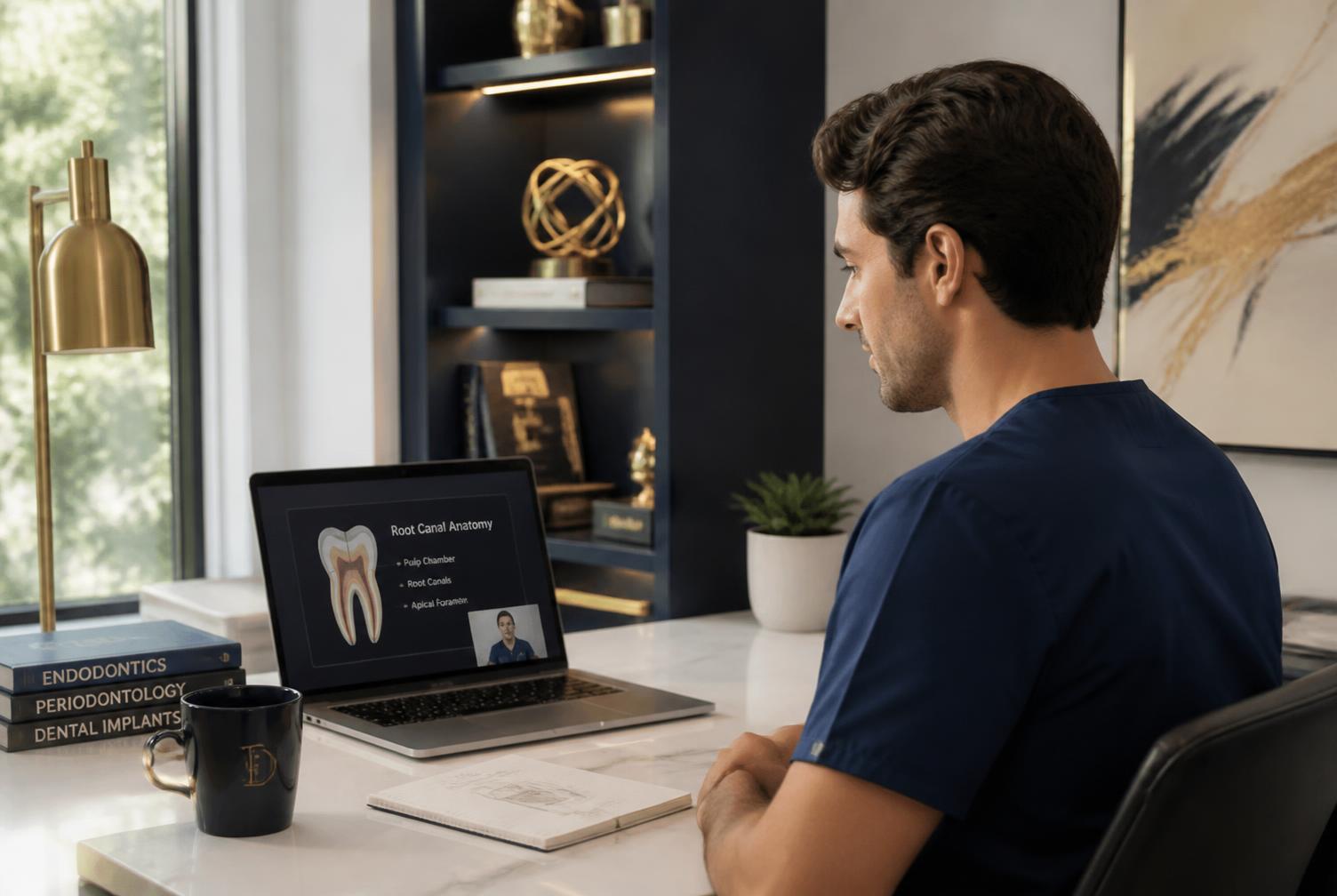 A dentist watching a recorded dental lesson on a laptop in a modern office