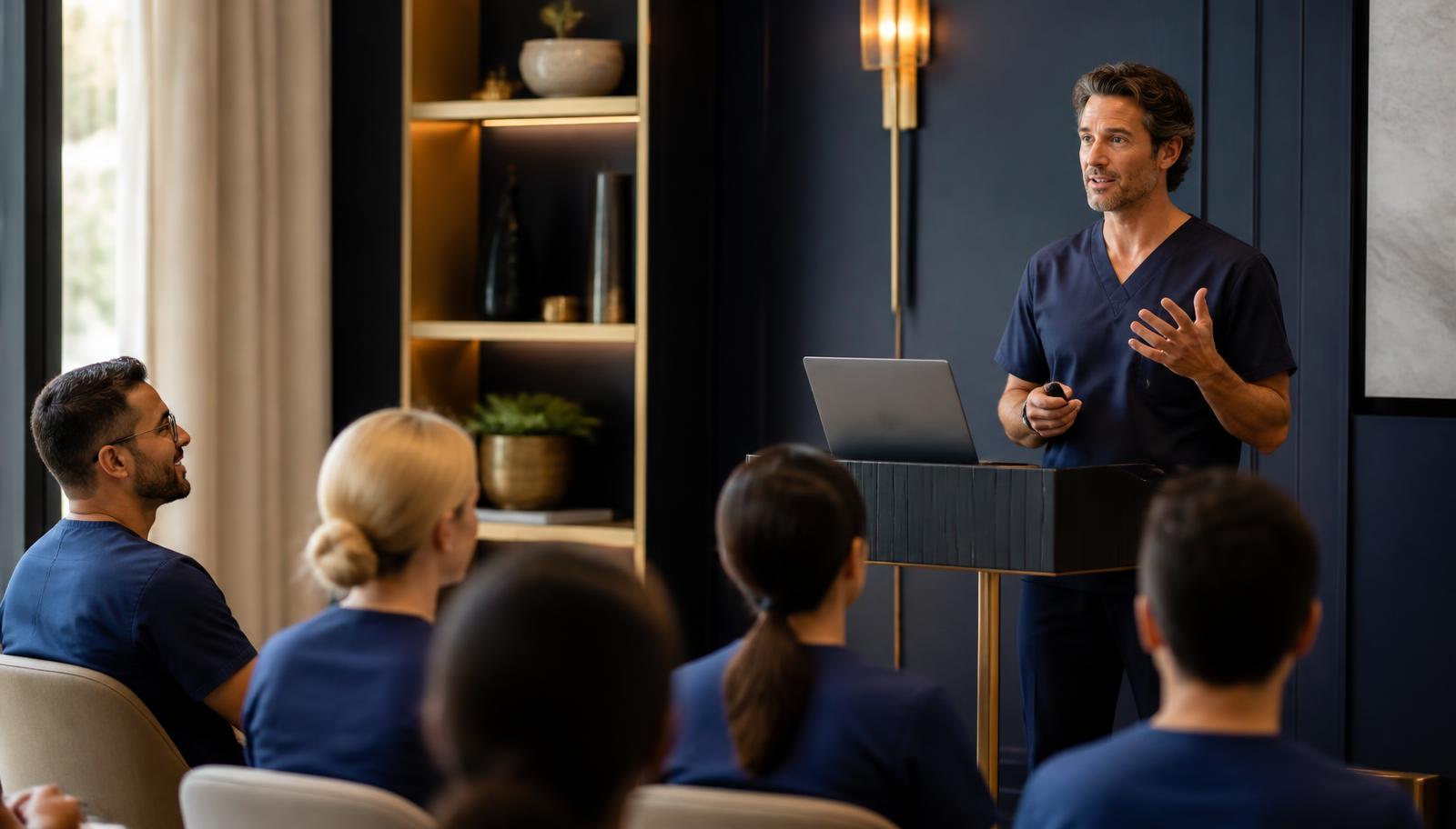An instructor teaching a small group of dentists from a lectern