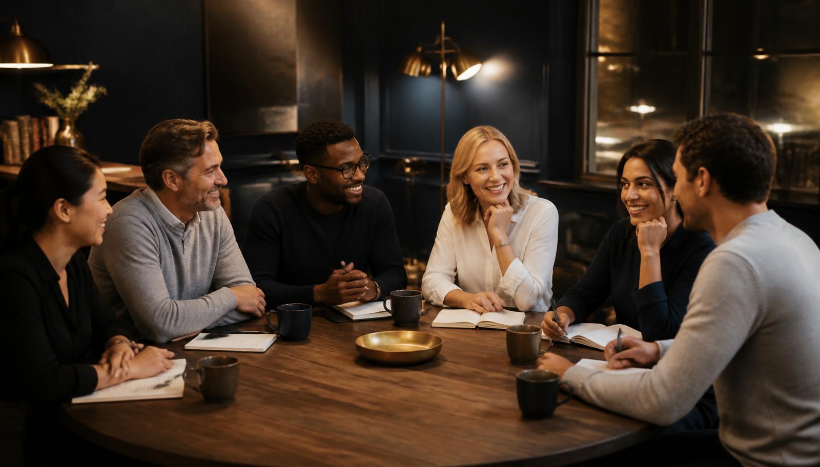 A group of dentists in relaxed evening discussion around a table