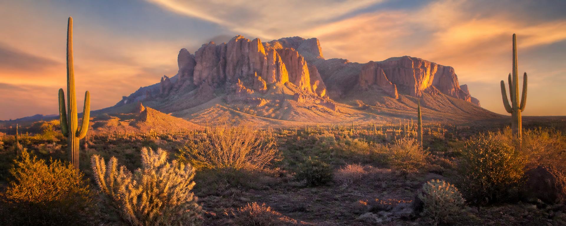 Superstition Mountain and the Sonoran desert near Apache Junction at golden hour